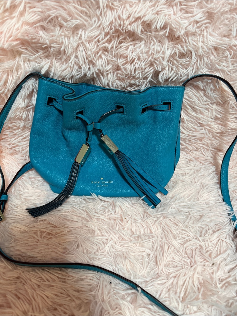 kate spade Teal Leather Drawstring Crossbody with Tassels